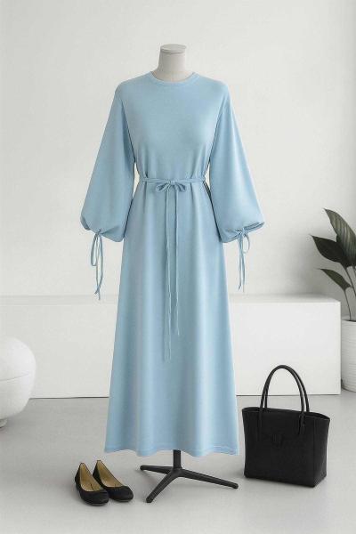 Kolları Bağlamalı İnce Kuşaklı Modal İkiip Elbise Bebe Mavi