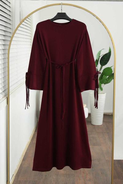 Kolları Bağlamalı İnce Kuşaklı Modal İkiip Elbise Bordo