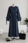 Kolları Bağlamalı İnce Kuşaklı Modal İkiip Elbise Lacivert