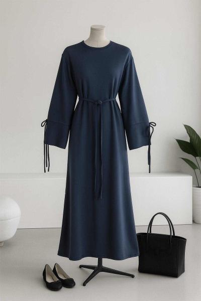 Kolları Bağlamalı İnce Kuşaklı Modal İkiip Elbise Lacivert