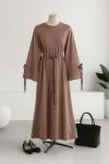 Kolları Bağlamalı İnce Kuşaklı Modal İkiip Elbise Sütlü Kahve