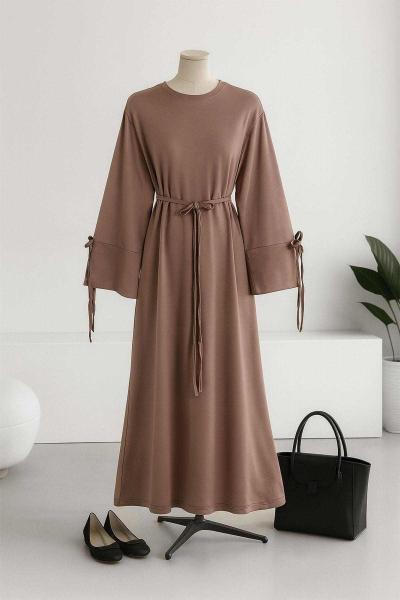 Kolları Bağlamalı İnce Kuşaklı Modal İkiip Elbise Sütlü Kahve
