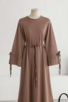 Kolları Bağlamalı İnce Kuşaklı Modal İkiip Elbise Sütlü Kahve