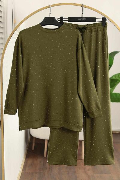 Serpme Taş Detaylı Modal İkiip Pantolonlu Takım Yeşil