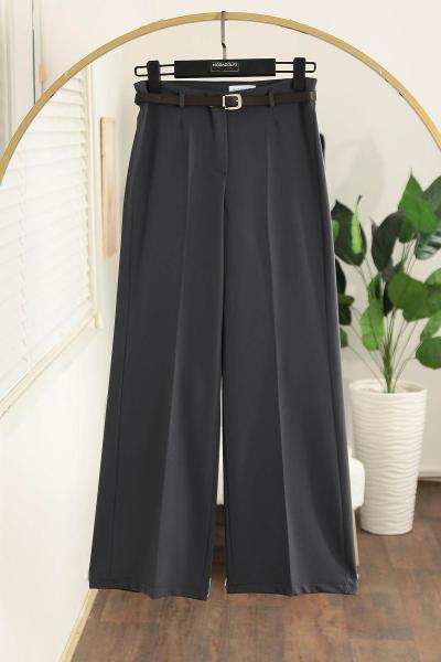 Kemerli Bol Paça Dabıl Pantolon Füme