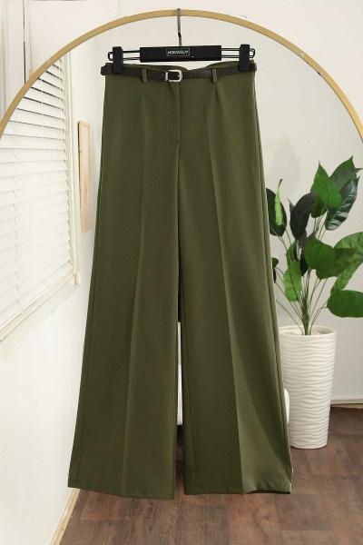 Kemerli Bol Paça Dabıl Pantolon Haki
