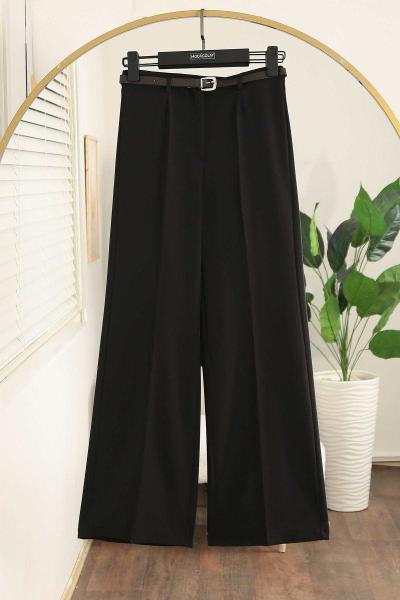 Kemerli Bol Paça Dabıl Pantolon Siyah