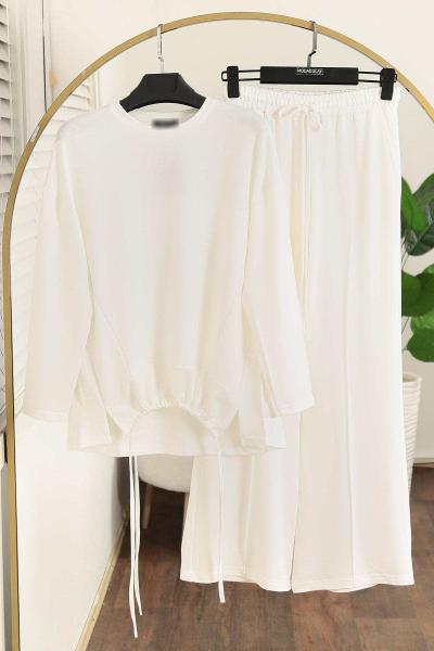 Üstü Bağlamalı Modal İkiip Pantolonlu Takım Ekru