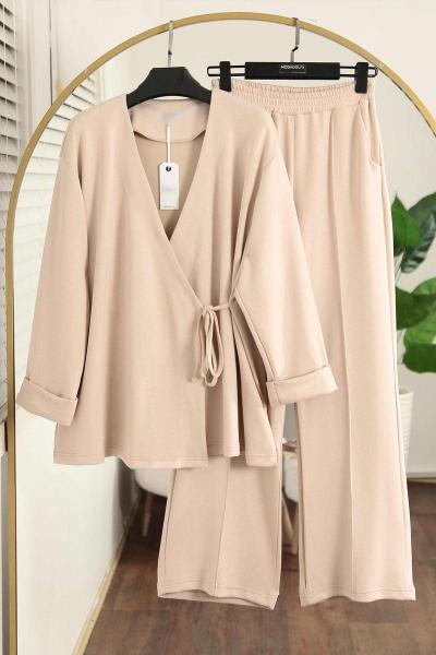 Yandan Bağlamalı Aysho Pantolonlu Takım Bej