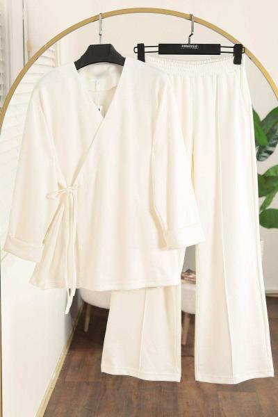 Yandan Bağlamalı Aysho Pantolonlu Takım Ekru