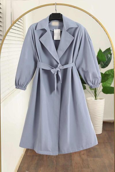 Kol Uçları Lastikli Kuşaklı Trençkot Açık Mavi