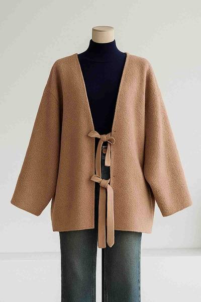Önü İki Bağlamalı Buklet Ceket Camel