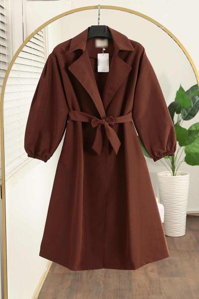 Kol Uçları Lastikli Kuşaklı Trençkot Kahve