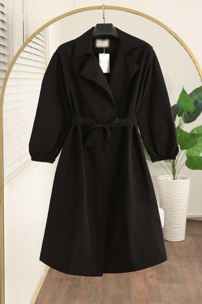 Kol Uçları Lastikli Kuşaklı Trençkot Siyah
