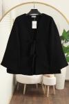Önü İki Bağlamalı Kolu Parçalı Buklet Ceket Siyah
