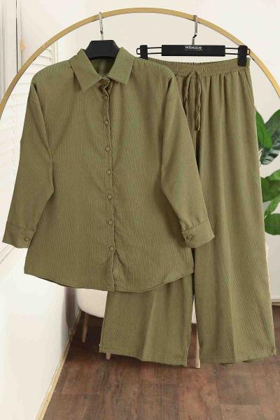 İnce Fitilli Pantolonlu Takım Yağ Yeşili