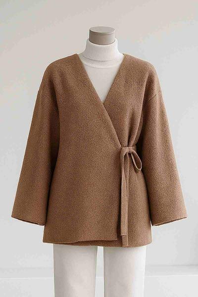 Yandan Bağlamalı Buklet Ceket Camel
