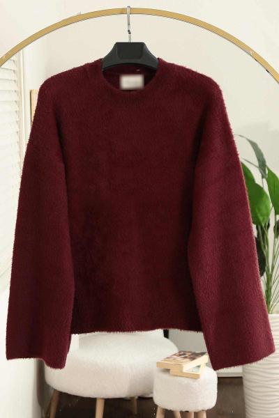 Oversize Yumoş Bisiklet Yaka Kazak Bordo