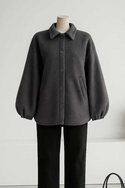 Kolucu Lastikli Çift Cepli Düğmeli Buklet Ceket Antrasit