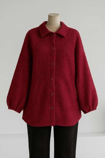Kolucu Lastikli Çift Cepli Düğmeli Buklet Ceket Bordo
