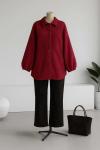 Kolucu Lastikli Çift Cepli Düğmeli Buklet Ceket Bordo