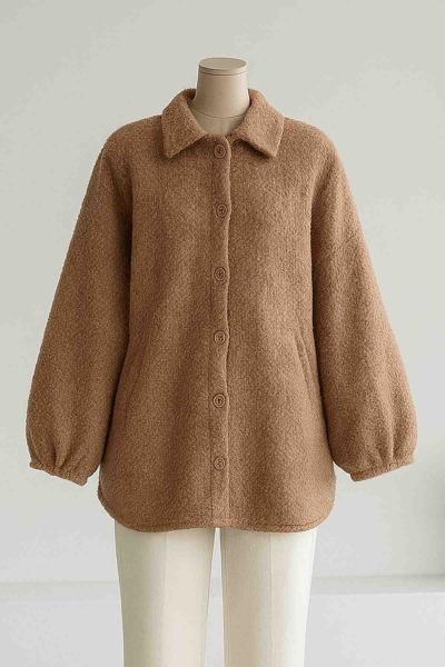 Kolucu Lastikli Çift Cepli Düğmeli Buklet Ceket Camel