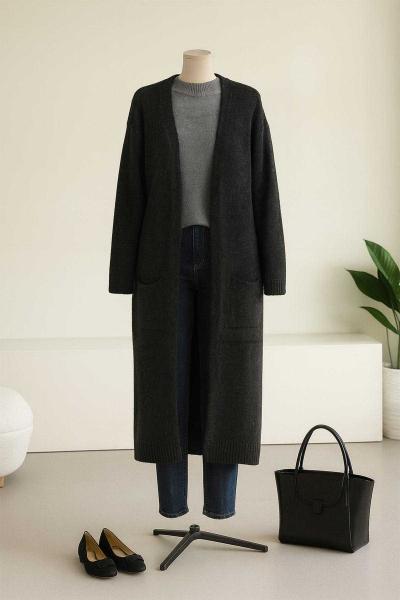 Çift Cepli Uzun Triko Hırka Antrasit