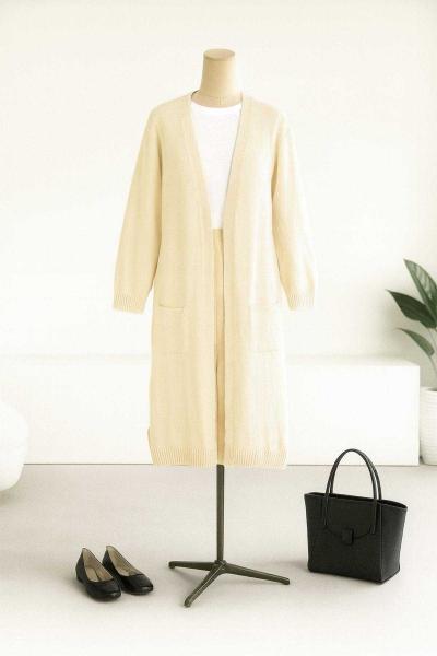 Çift Cepli Uzun Triko Hırka Bej