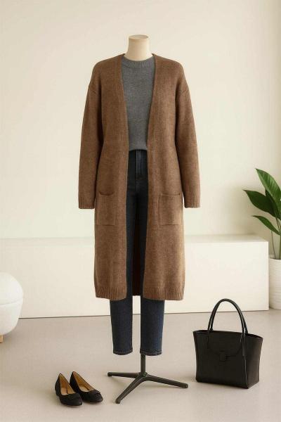 Çift Cepli Uzun Triko Hırka Sütlü Kahve