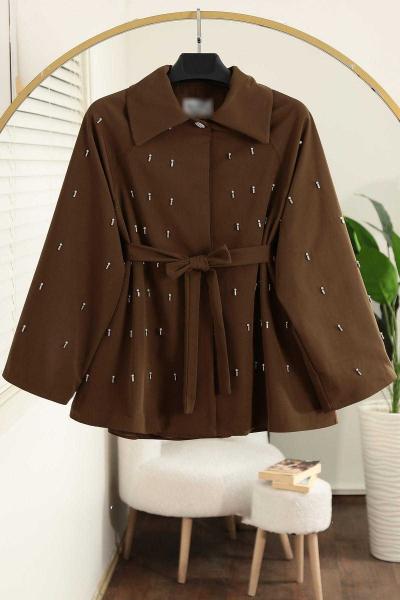 Oversıze İnci Taş Detaylı Kuşaklı Trençkot Kahve