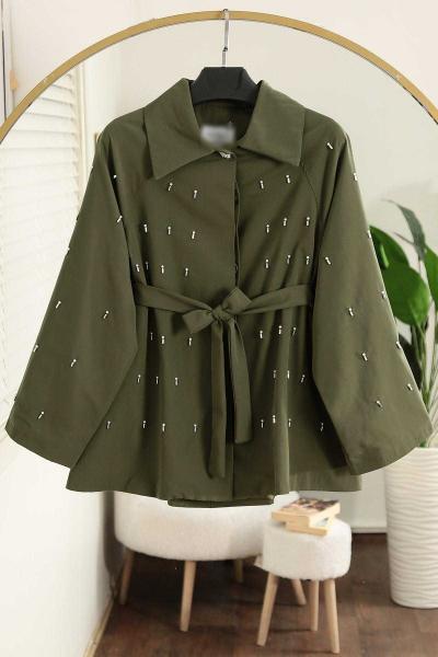 Oversıze İnci Taş Detaylı Kuşaklı Trençkot Haki