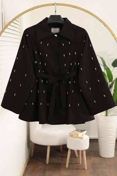 Oversıze İnci Taş Detaylı Kuşaklı Trençkot Siyah