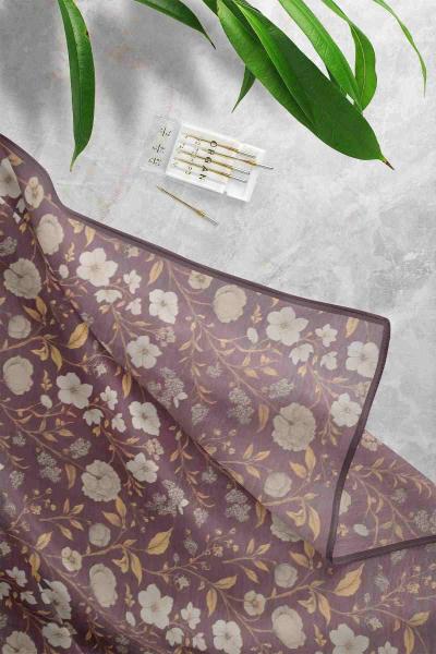 Gül Yaprak Desenli Eşarp Mürdüm