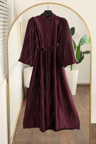 Balon Kol Kuşaklı Taş Detaylı Saten Elbise Mor