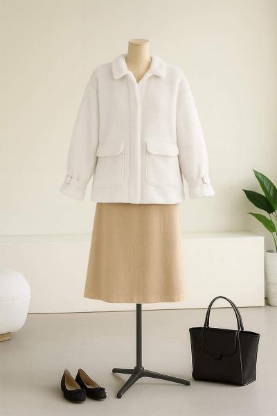 Çift Cepli Taylor Fermuarlı Oversıze Mont Ekru