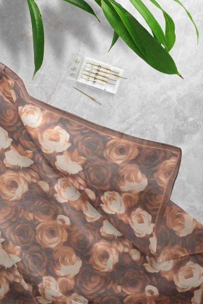 Güz Gülü Desenli Eşarp Kahve