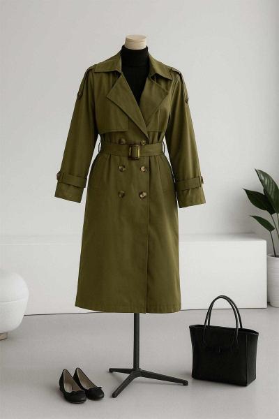 Apoletli Tokalı Altı Düğmeli Parçalı Trençkot Haki