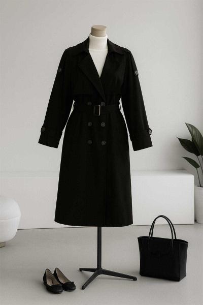 Apoletli Tokalı Altı Düğmeli Parçalı Trençkot Siyah