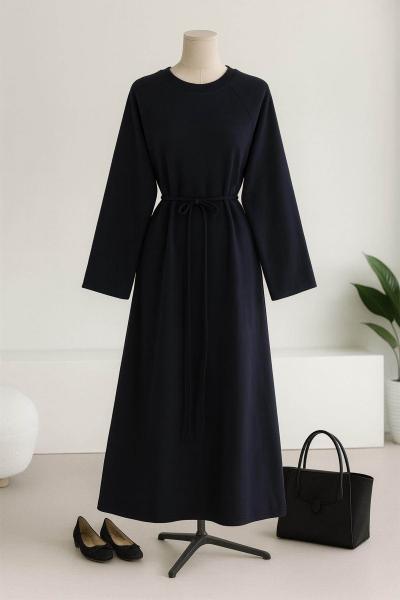Kolu Armalı İnce Kuşaklı Selanik Elbise Lacivert