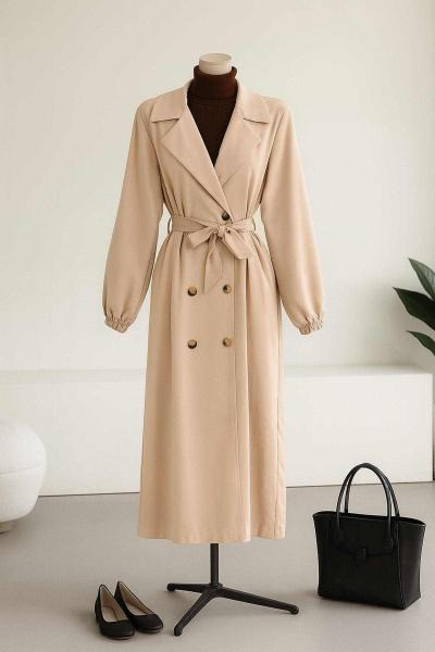 Kol Uçları Lastikli Altı Düğmeli Kuşaklı Trençkot Bej