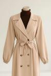 Kol Uçları Lastikli Altı Düğmeli Kuşaklı Trençkot Bej