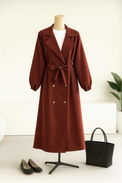Kol Uçları Lastikli Altı Düğmeli Kuşaklı Trençkot Kahve