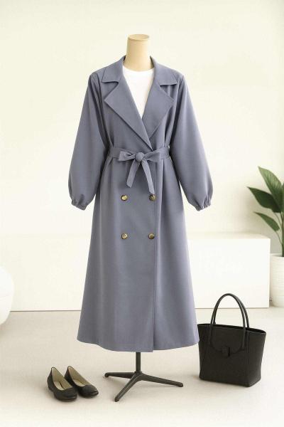 Kol Uçları Lastikli Altı Düğmeli Kuşaklı Trençkot Soft Mavi