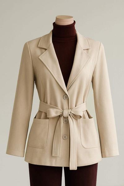 Üç Düğmeli Kuşaklı Süet Ceket Bej