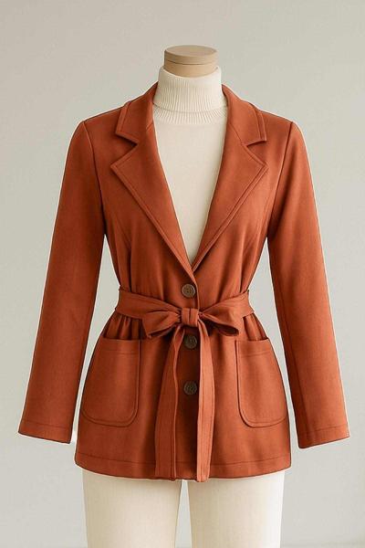 Üç Düğmeli Kuşaklı Süet Ceket Kiremit