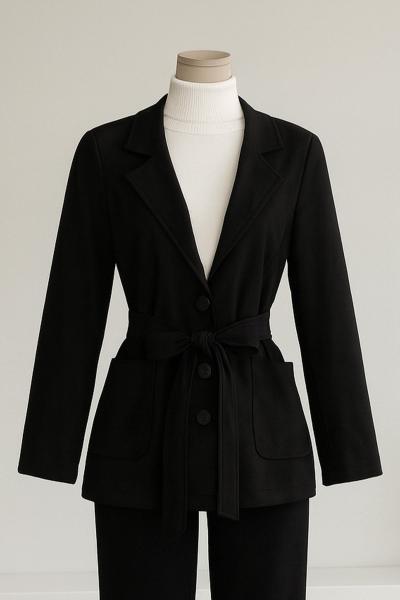 Üç Düğmeli Kuşaklı Süet Ceket Siyah