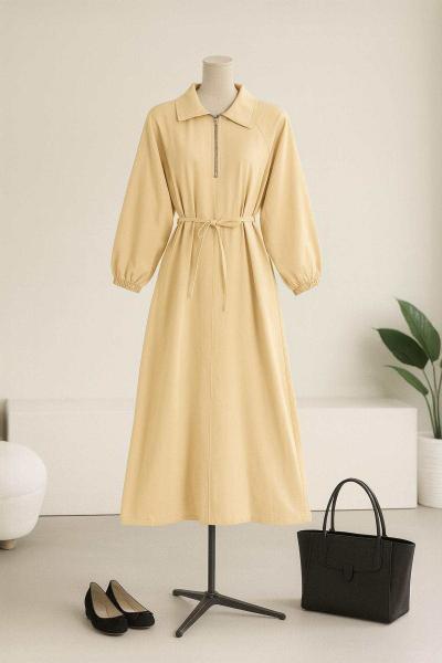 Yarım Fermuarlı Oversıze Gabardin Elbise Bej