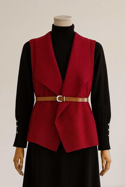 Büyük Yakalı Kemerli Kısa Buklet Yelek Bordo