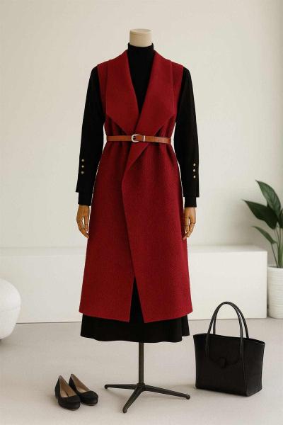 Büyük Yakalı Kemerli Uzun Buklet Yelek Bordo