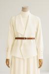 Büyük Yakalı Kemerli Kısa Buklet Yelek Ekru